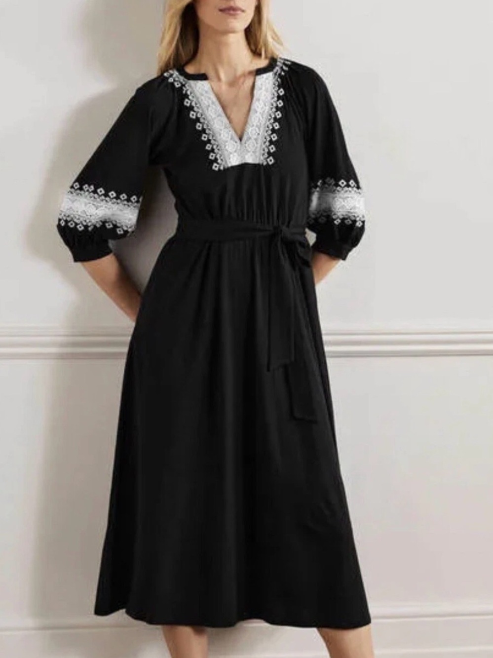 Boden Crochet Trim Jersey Black Midi Dress Size 4R NWT 3/4 Sleeve Do171